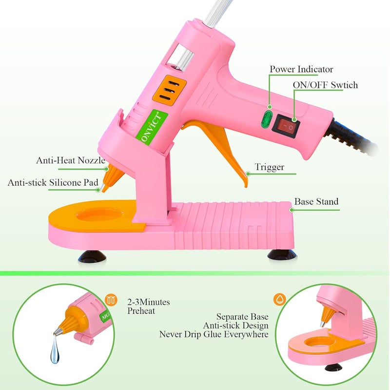 MONVICT Pink Hot Glue Gun Kit, Mini Glue Gun with Suction Cups Stand Anti Stick Silicone Mat, Hot Melt Glue Gun with Fine Tip & 30 Glue Sticks, On/Off Switch Design for DIY, Craft, Home School Project - Image 2